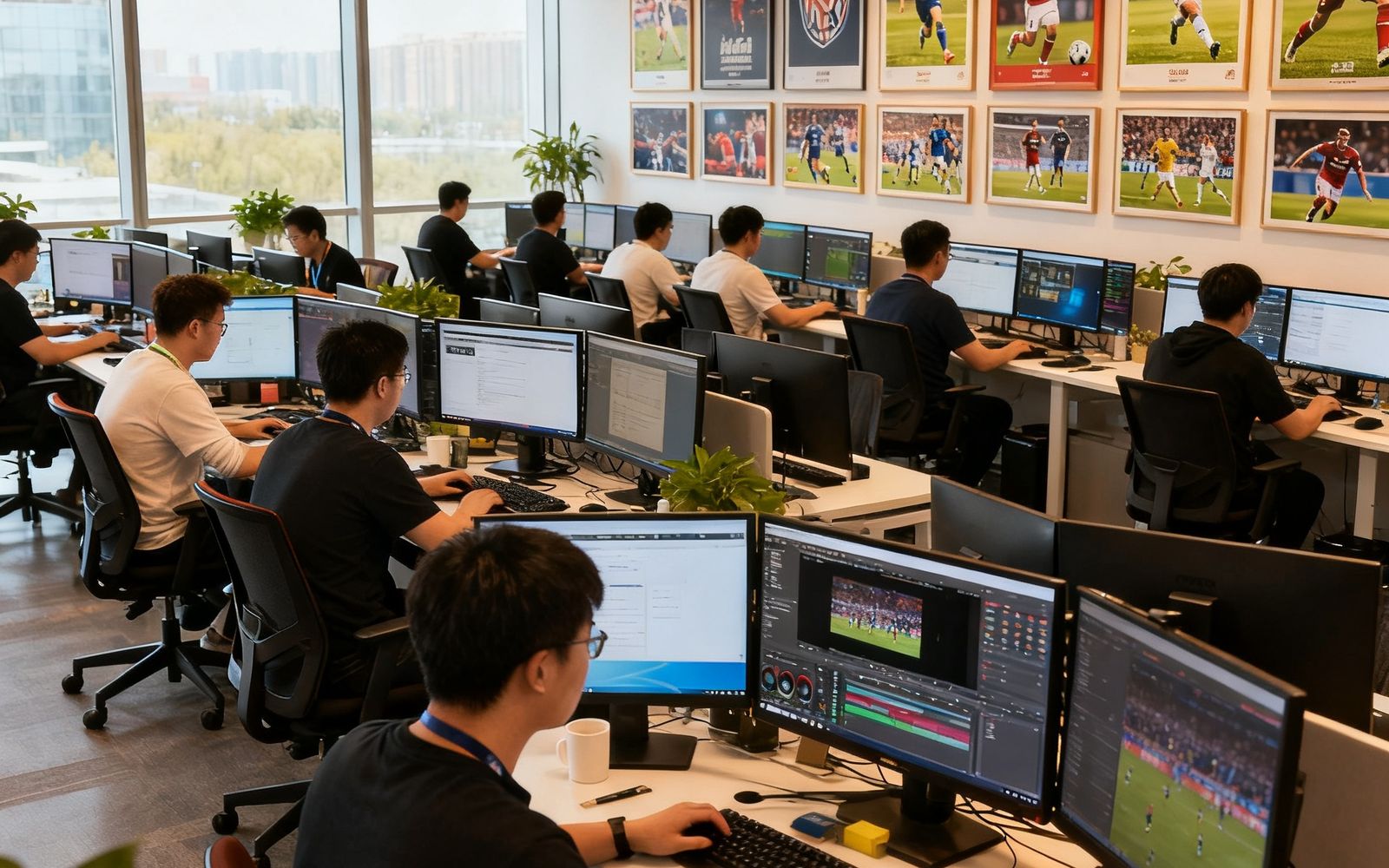 哈哈体育北京总部开放式办公区域，数十名编辑和分析师在双屏电脑前专注工作，墙上挂满体育赛事海报